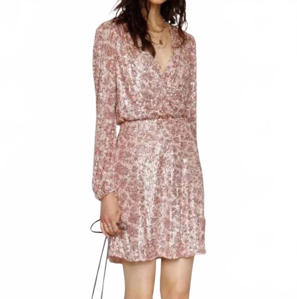 NEW HEARTLOOM long sleeve surplice sequin mini dress in champagne